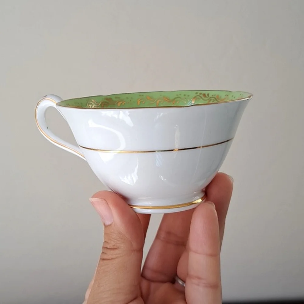 Vintage Grosvenor Jackson & Gosling Bone China Teacup Saucer Green Gold Floral